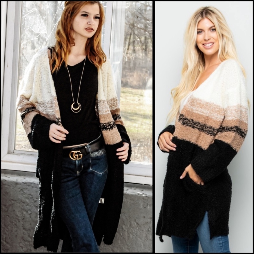 Black cream tan color block long cardigan with pockets S/M M/L